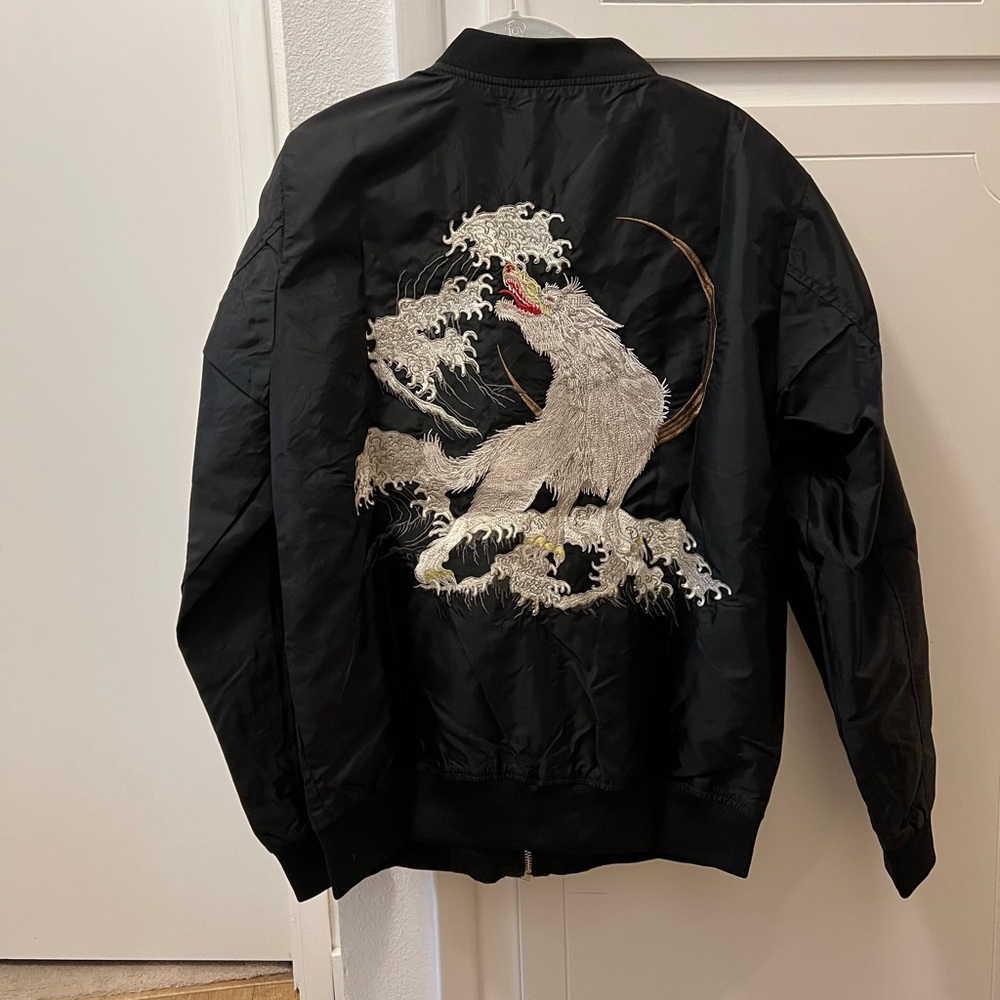 Black Bomber Jacket with Dragon Embroidery - thin shell-no inner fabric/lining.